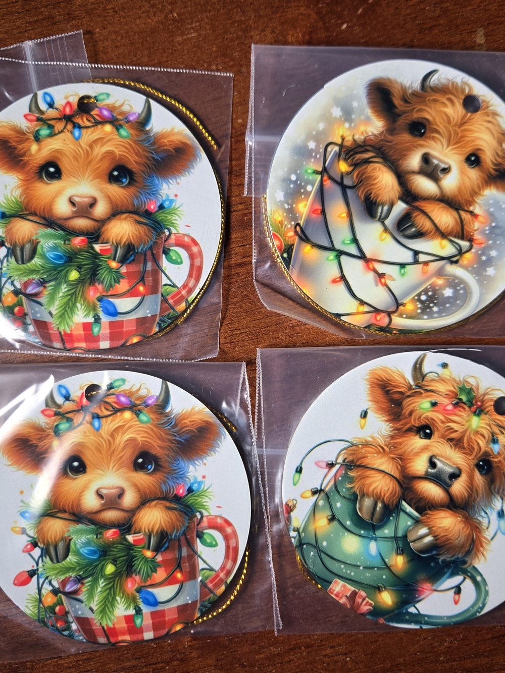 Set Of 4 Highland Calf Decorative Christmas Ornaments Metal